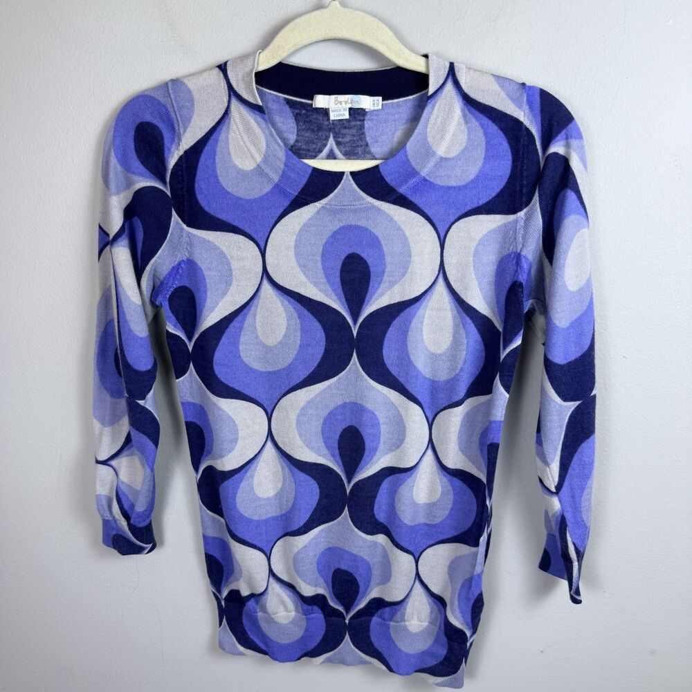 Boden Sweater Top Women's Size 4 100% Wool Modern Swirl 3/4 Sleeve Blue Crew